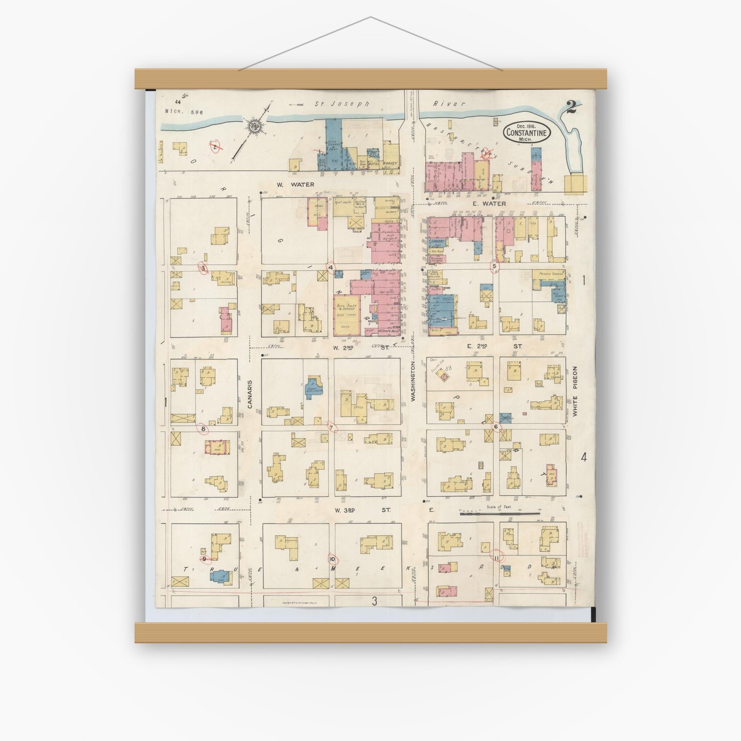 Old map wall art mockup — magnetic wood frame on white wall — Sanborn Fire Insurance Map from Constantine, Saint Joseph County, Michigan (1932), Sheet #0002