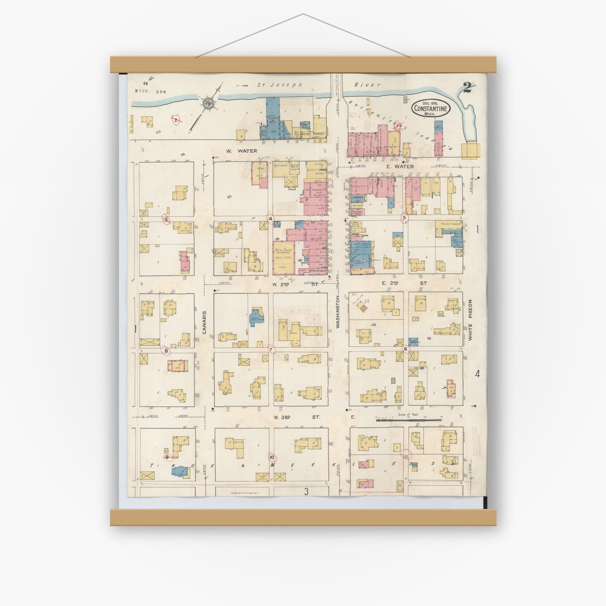 Old map wall art mockup — magnetic wood frame on white wall — Sanborn Fire Insurance Map from Constantine, Saint Joseph County, Michigan (1932), Sheet #0002