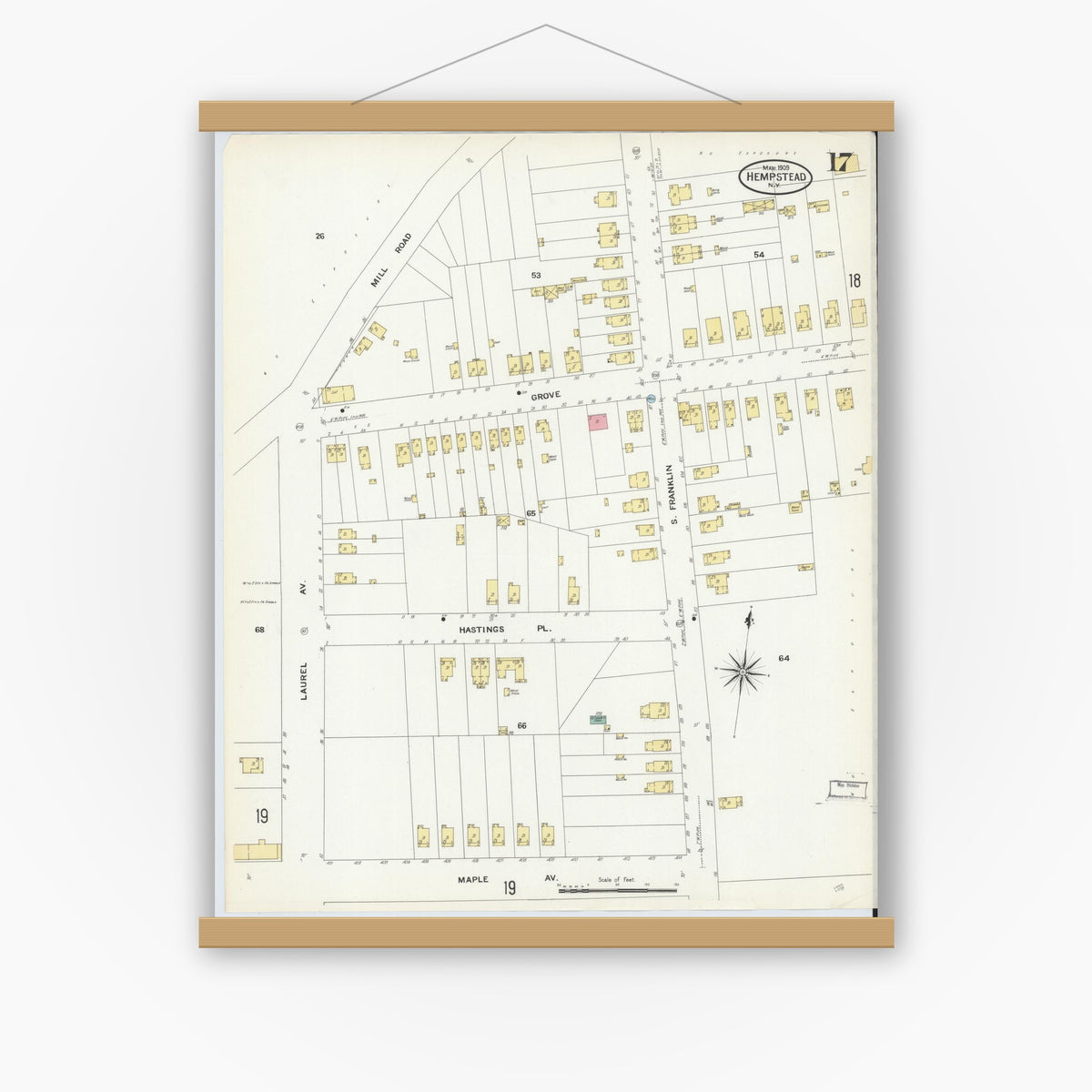 Old map wall art mockup — magnetic wood frame on white wall — Sanborn Fire Insurance Map from Hempstead, Nassau County, New York (1909), Sheet #0017