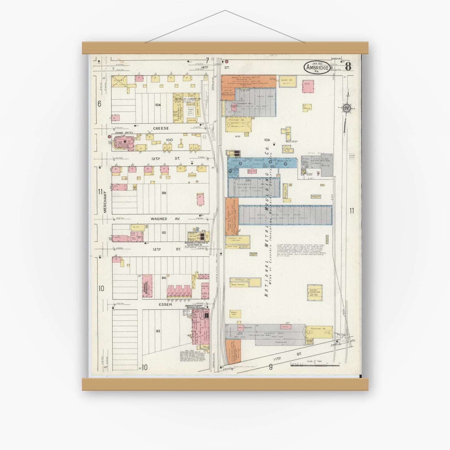Old map wall art mockup — magnetic wood frame on white wall — Sanborn Fire Insurance Map from Ambridge, Beaver County, Pennsylvania (1917), Sheet #0008