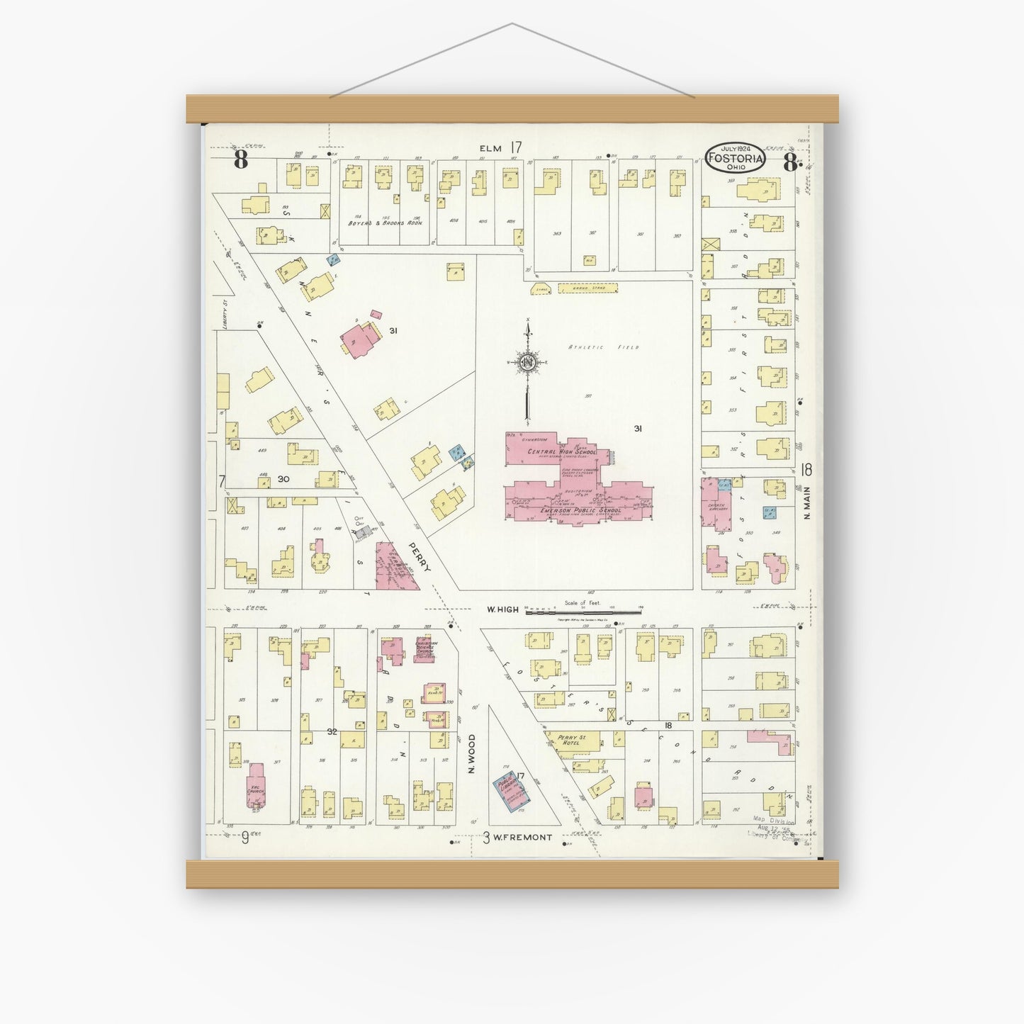 Old map wall art mockup — magnetic wood frame on white wall — Sanborn Fire Insurance Map from Fostoria, Seneca, Hancock, And Wood Counties, Ohio (1924), Sheet #0008