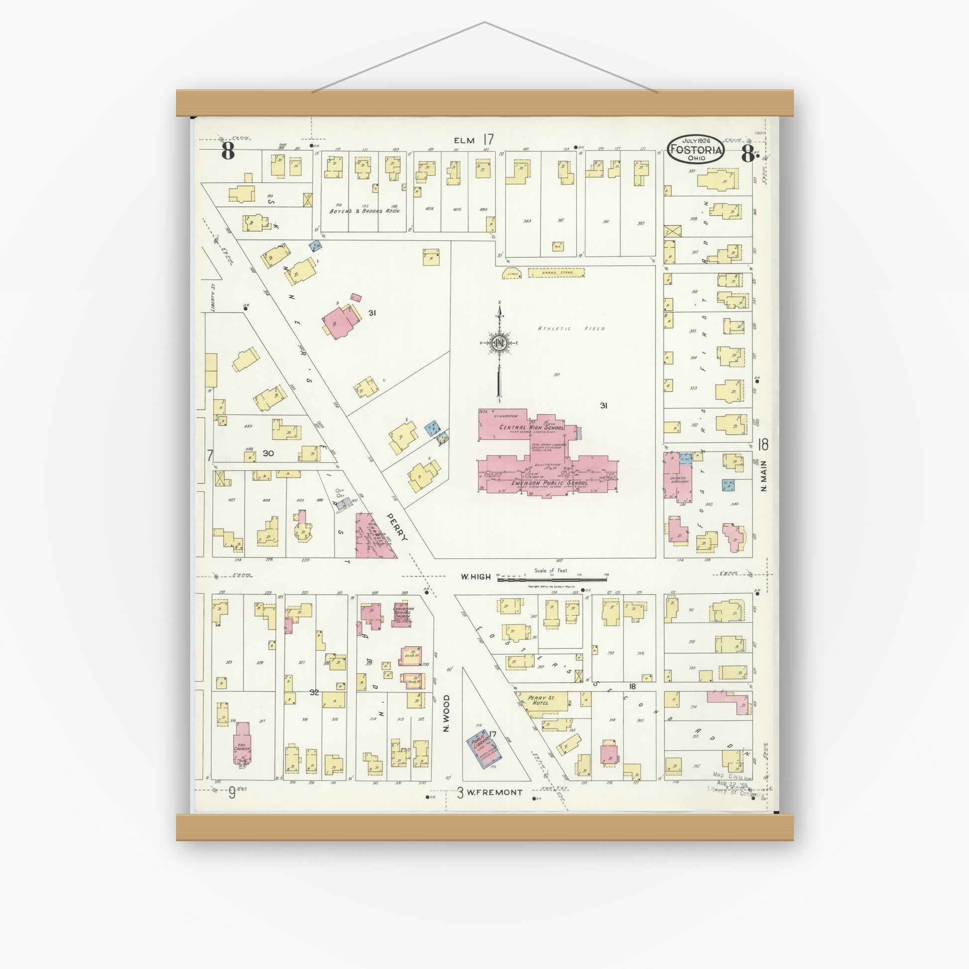 Old map wall art mockup — magnetic wood frame on white wall — Sanborn Fire Insurance Map from Fostoria, Seneca, Hancock, And Wood Counties, Ohio (1924), Sheet #0008