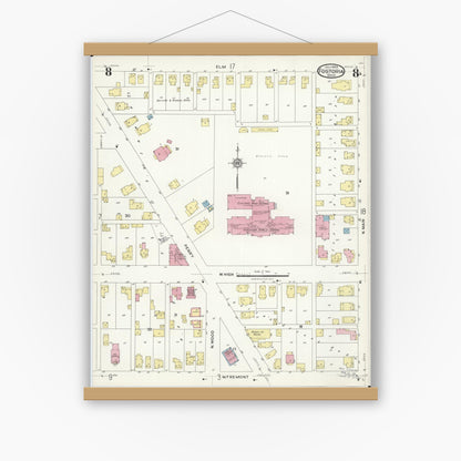 Old map wall art mockup — magnetic wood frame on white wall — Sanborn Fire Insurance Map from Fostoria, Seneca, Hancock, And Wood Counties, Ohio (1924), Sheet #0008