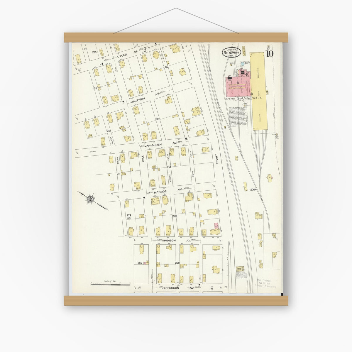 Old map wall art mockup — magnetic wood frame on white wall — Sanborn Fire Insurance Map from Ridgway, Elk County, Pennsylvania (1915), Sheet #0010