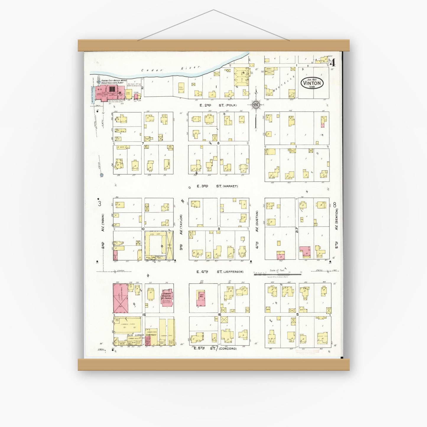 Old map wall art mockup — magnetic wood frame on white wall — Sanborn Fire Insurance Map from Vinton, Benton County, Iowa (1921), Sheet #0004