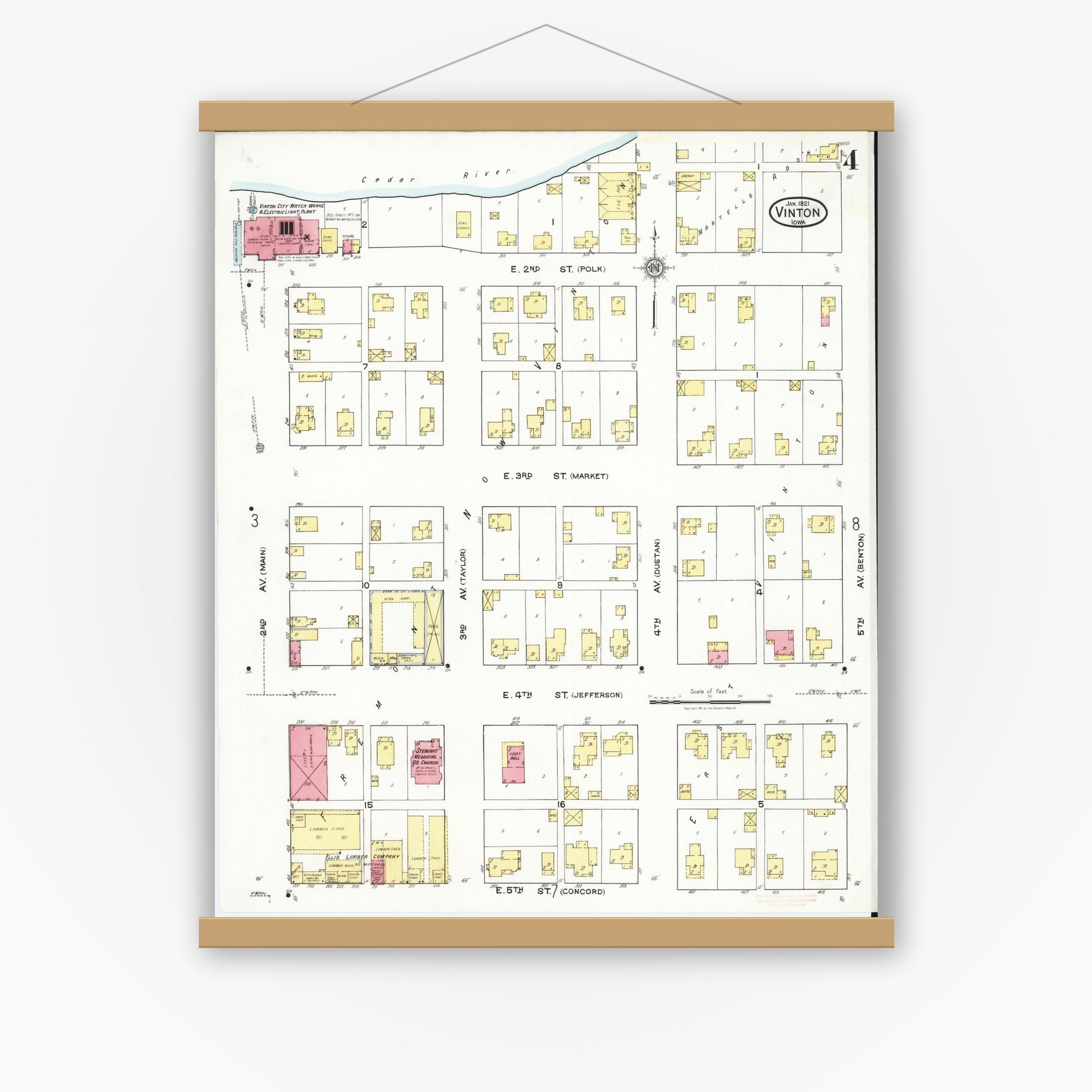 Old map wall art mockup — magnetic wood frame on white wall — Sanborn Fire Insurance Map from Vinton, Benton County, Iowa (1921), Sheet #0004