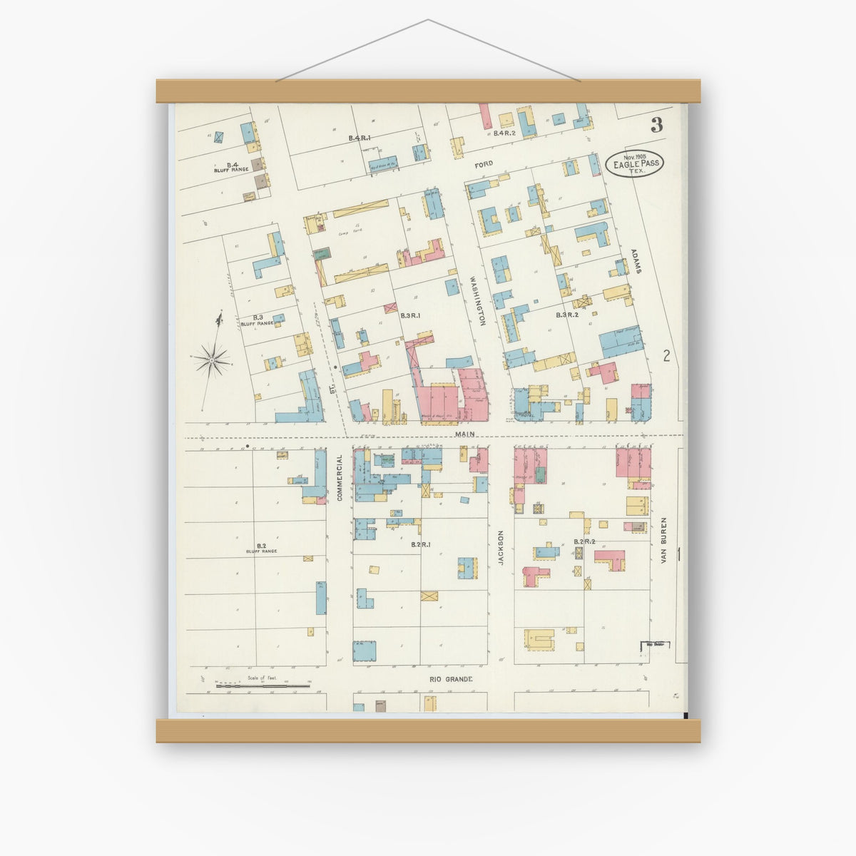 Old map wall art mockup — magnetic wood frame on white wall — Sanborn Fire Insurance Map from Eagle Pass, Maverick County, Texas (1905), Sheet #0003
