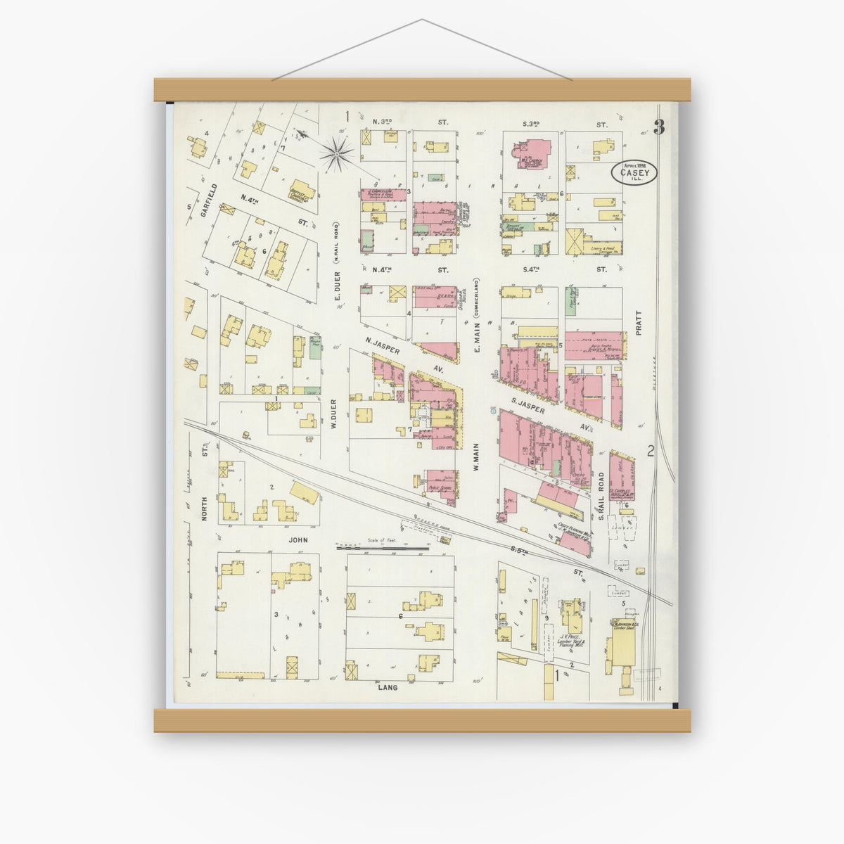 Old map wall art mockup — magnetic wood frame on white wall — Sanborn Fire Insurance Map from Casey, Clark County, Illinois (1898), Sheet #0003