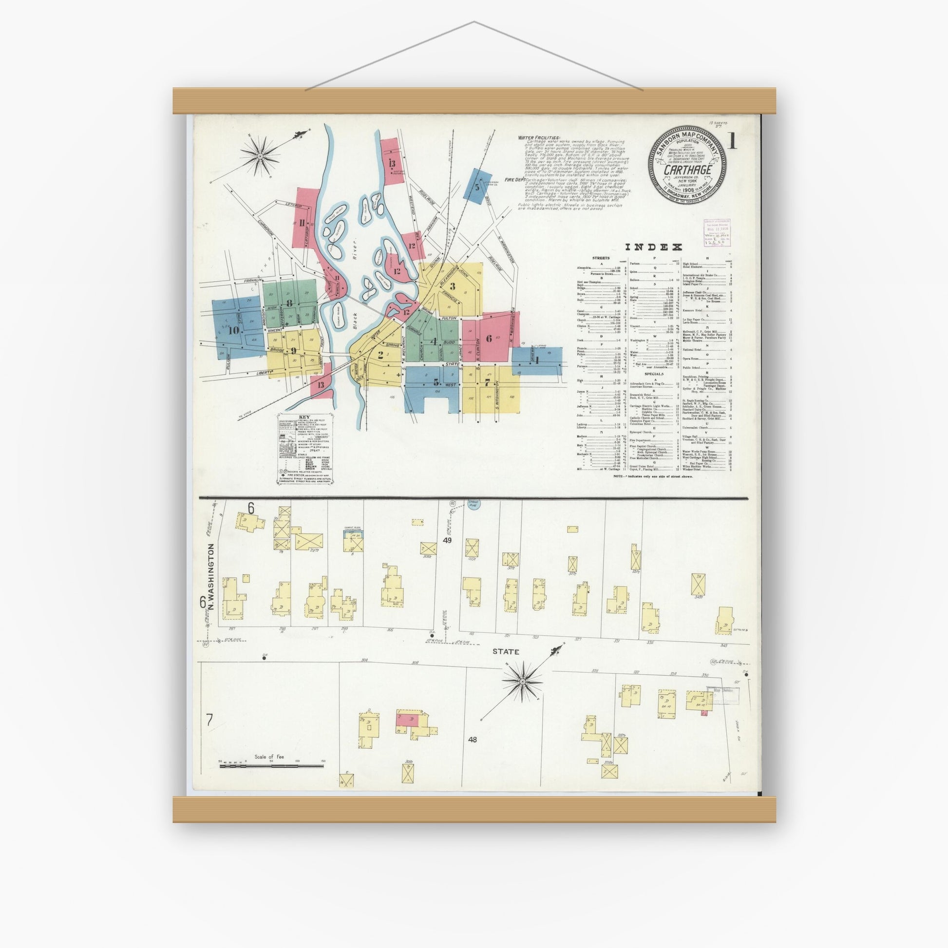 Old map wall art mockup — magnetic wood frame on white wall — Sanborn Fire Insurance Map from Carthage, Jefferson County, New York (1908), Sheet #0001