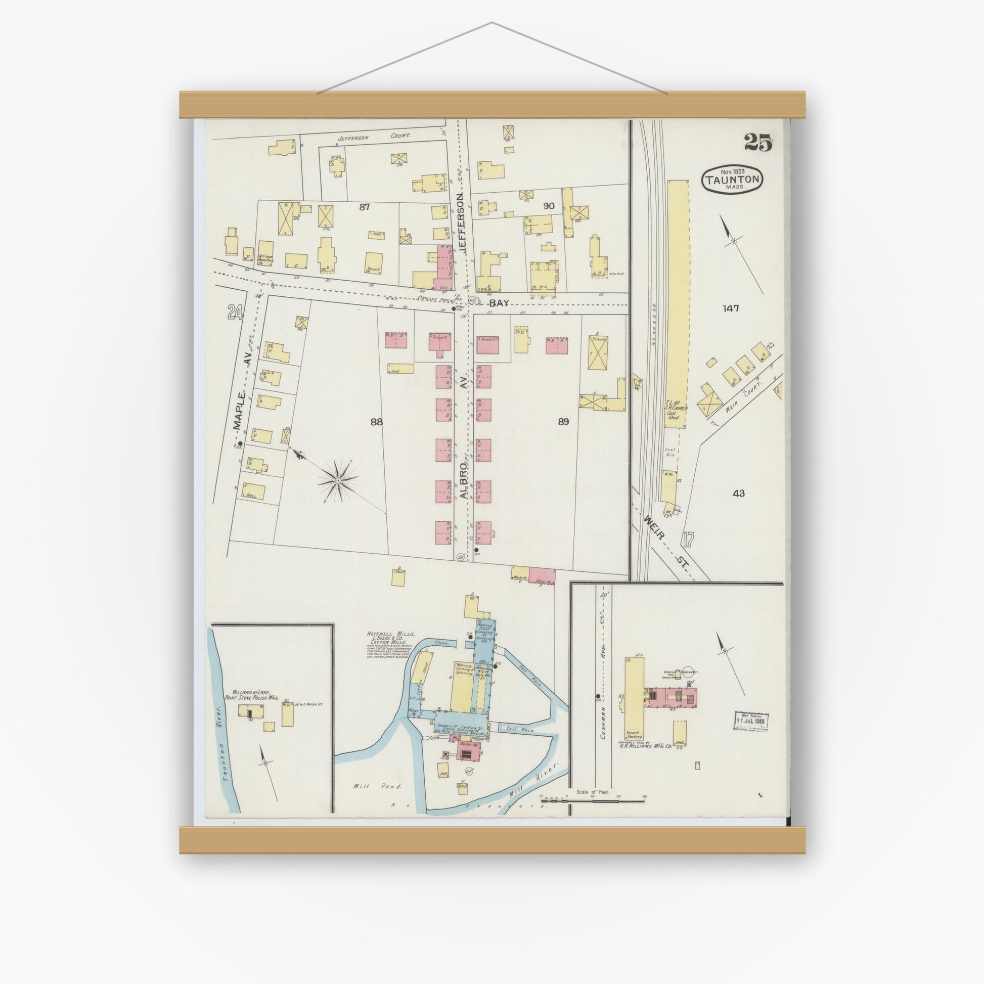 Old map wall art mockup — magnetic wood frame on white wall — Sanborn Fire Insurance Map from Taunton, Bristol County, Massachusetts (1893), Sheet #0025