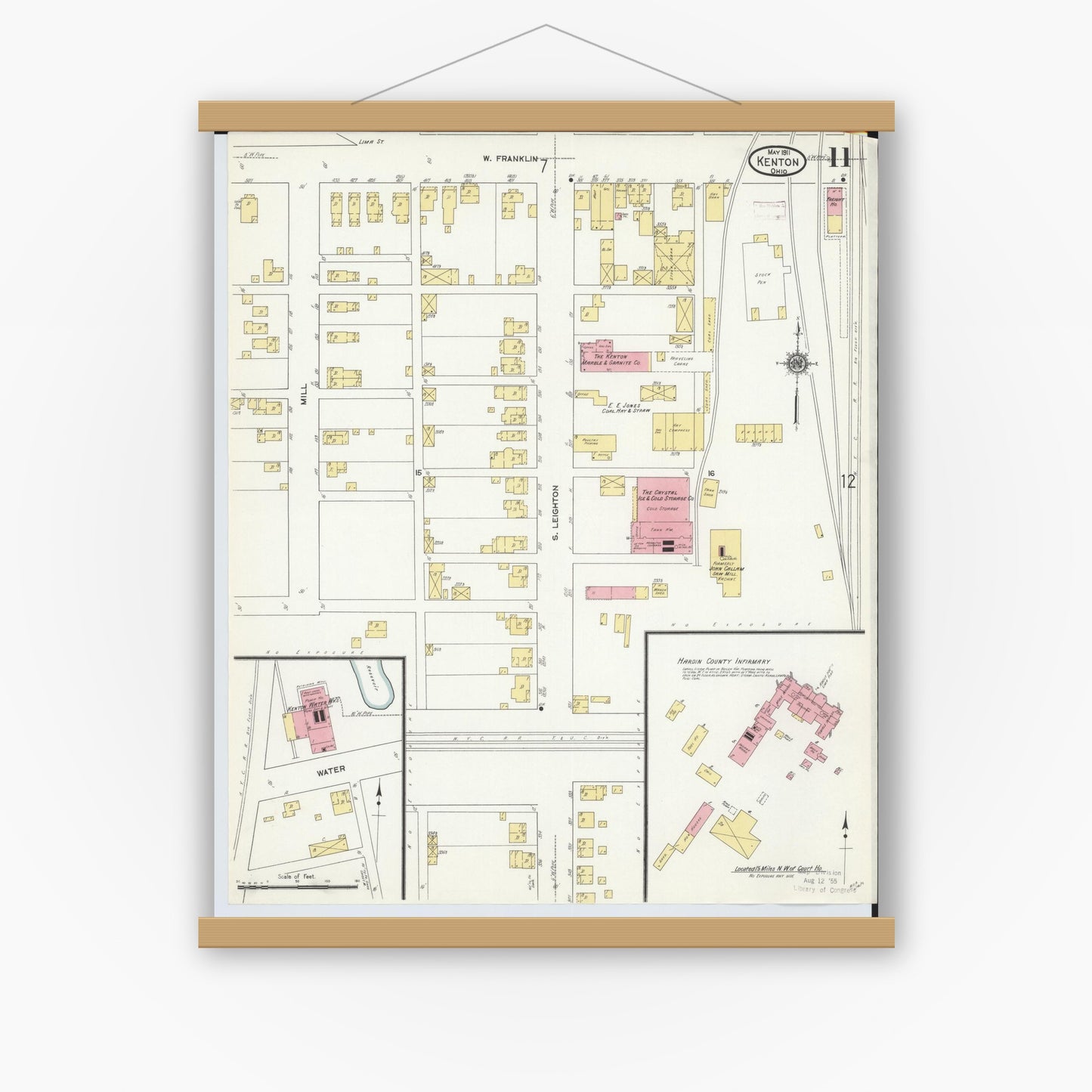 Old map wall art mockup — magnetic wood frame on white wall — Sanborn Fire Insurance Map from Kenton, Hardin County, Ohio (1911), Sheet #0011