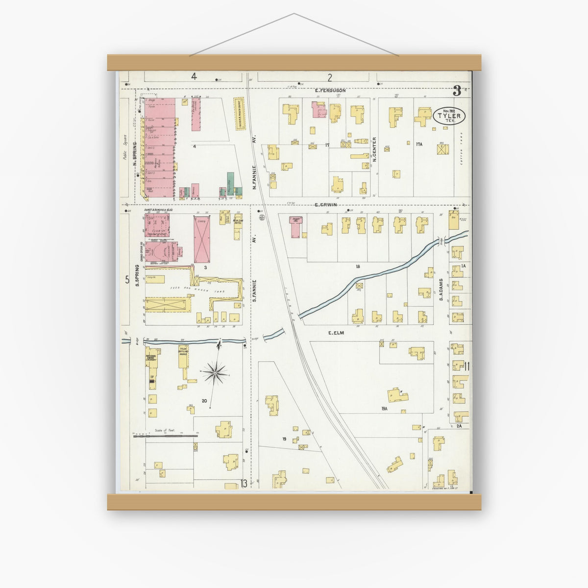 Old map wall art mockup — magnetic wood frame on white wall — Sanborn Fire Insurance Map from Tyler, Smith County, Texas (1902), Sheet #0003