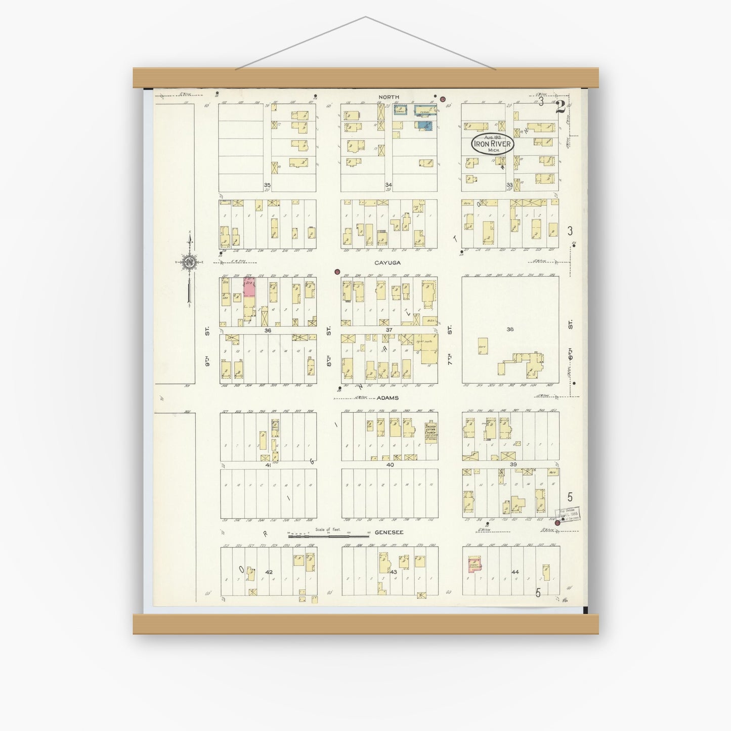 Old map wall art mockup — magnetic wood frame on white wall — Sanborn Fire Insurance Map from Iron River, Iron County, Michigan (1913), Sheet #0002