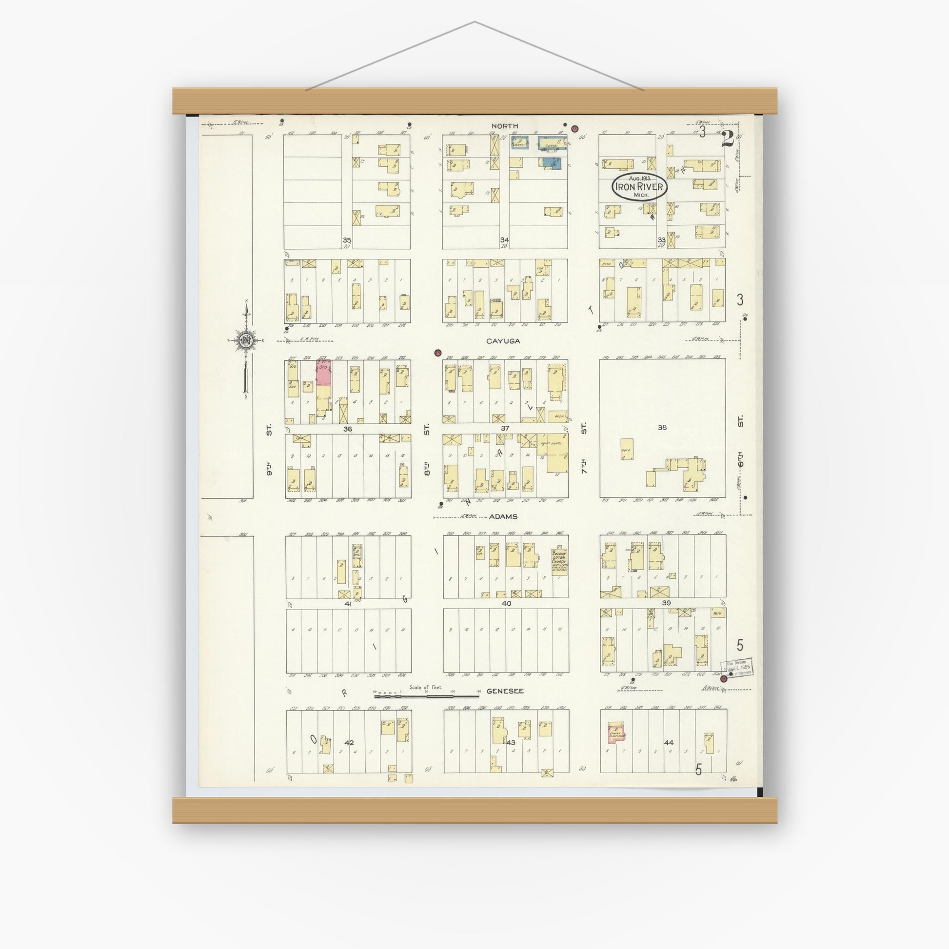 Old map wall art mockup — magnetic wood frame on white wall — Sanborn Fire Insurance Map from Iron River, Iron County, Michigan (1913), Sheet #0002