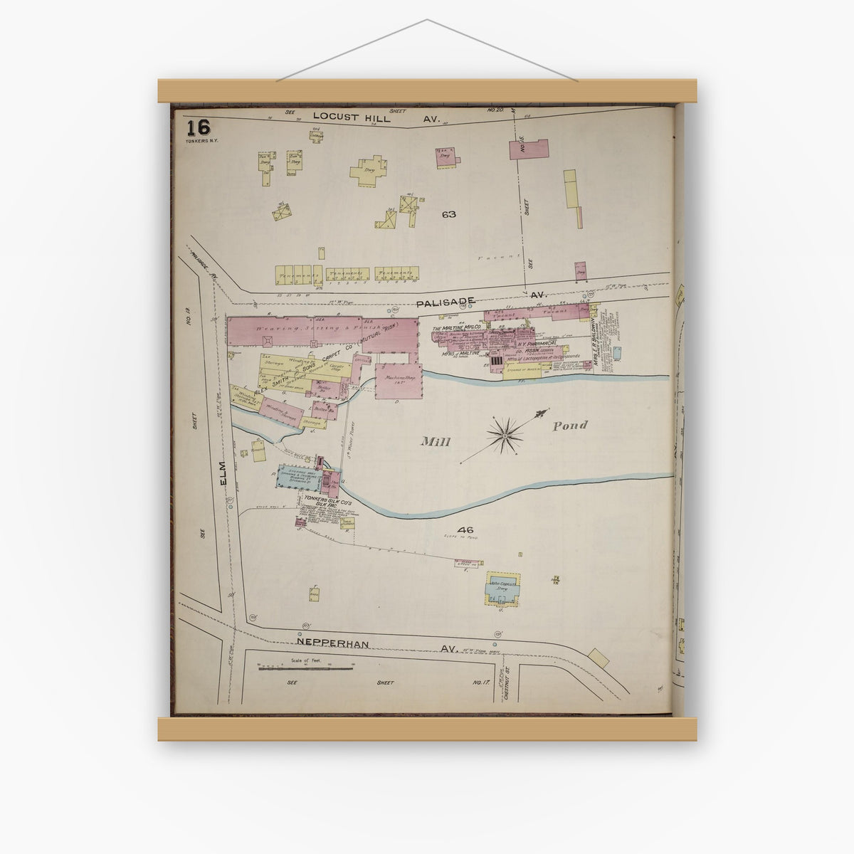 Old map wall art mockup — magnetic wood frame on white wall — Sanborn Fire Insurance Map from Yonkers, Westchester County, New York (1886), Sheet #0016