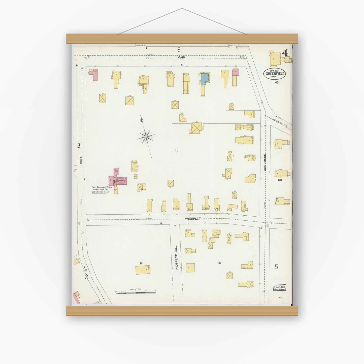 Old map wall art mockup — magnetic wood frame on white wall — Sanborn Fire Insurance Map from Greenfield, Franklin County, Massachusetts (1902), Sheet #0004