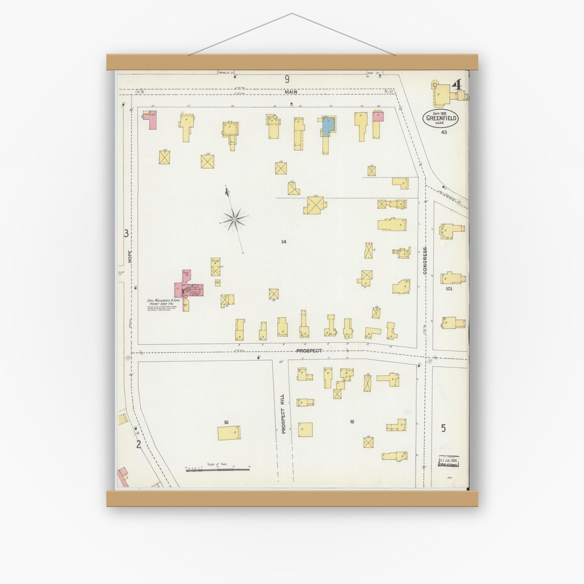 Old map wall art mockup — magnetic wood frame on white wall — Sanborn Fire Insurance Map from Greenfield, Franklin County, Massachusetts (1902), Sheet #0004