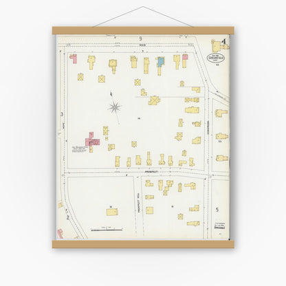 Old map wall art mockup — magnetic wood frame on white wall — Sanborn Fire Insurance Map from Greenfield, Franklin County, Massachusetts (1902), Sheet #0004