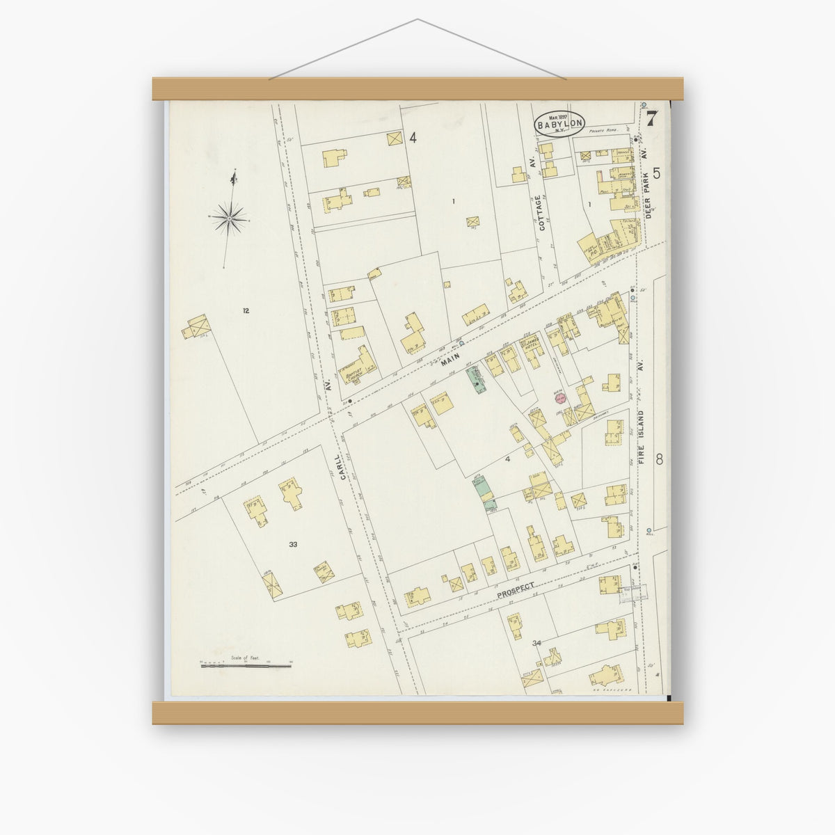 Old map wall art mockup — magnetic wood frame on white wall — Sanborn Fire Insurance Map from Babylon, Suffolk County, New York (1897), Sheet #0007