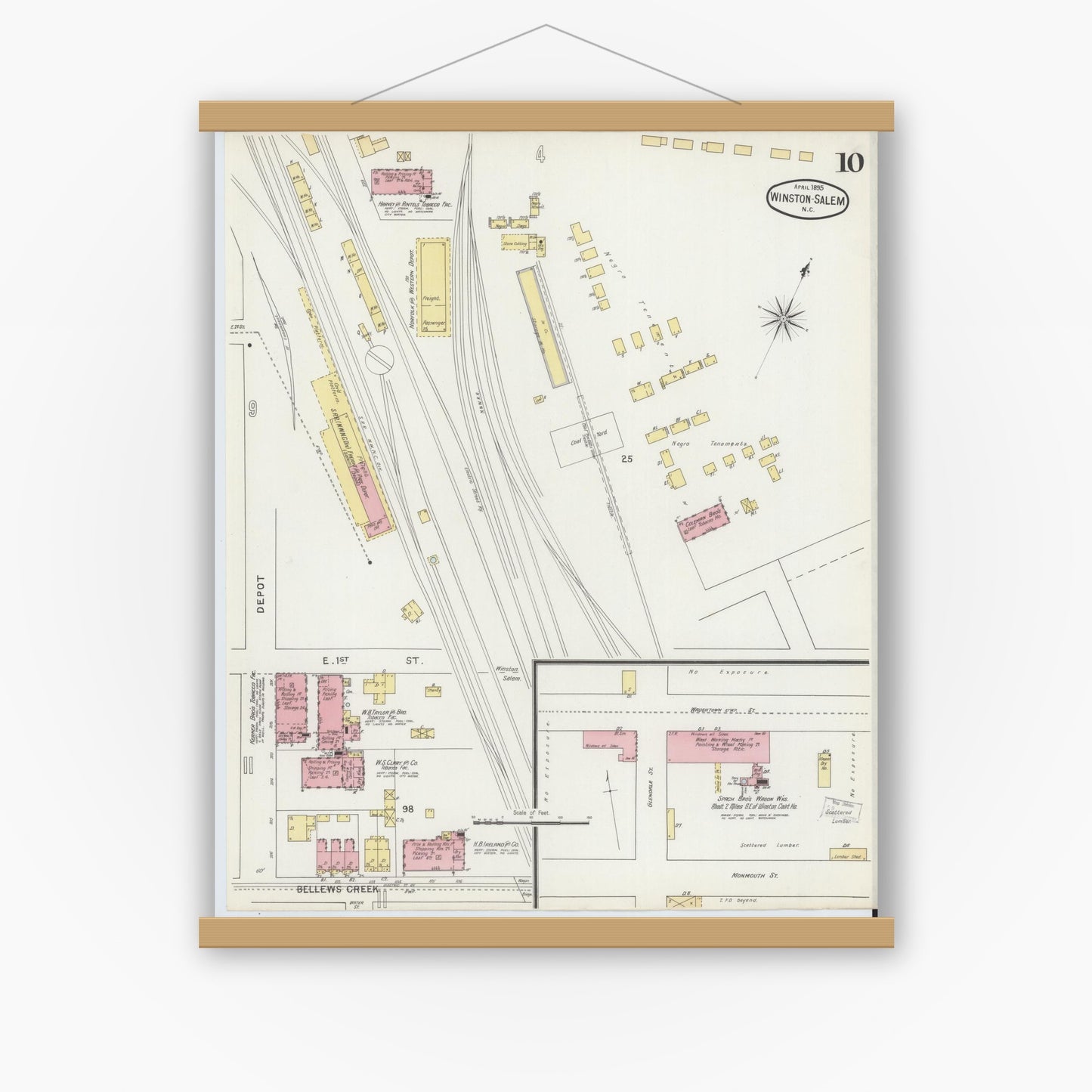 Old map wall art mockup — magnetic wood frame on white wall — Sanborn Fire Insurance Map from Winston-Salem, Forsyth County, North Carolina (1895), Sheet #0010