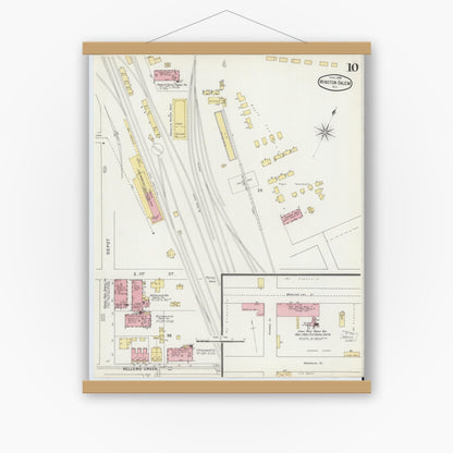 Old map wall art mockup — magnetic wood frame on white wall — Sanborn Fire Insurance Map from Winston-Salem, Forsyth County, North Carolina (1895), Sheet #0010