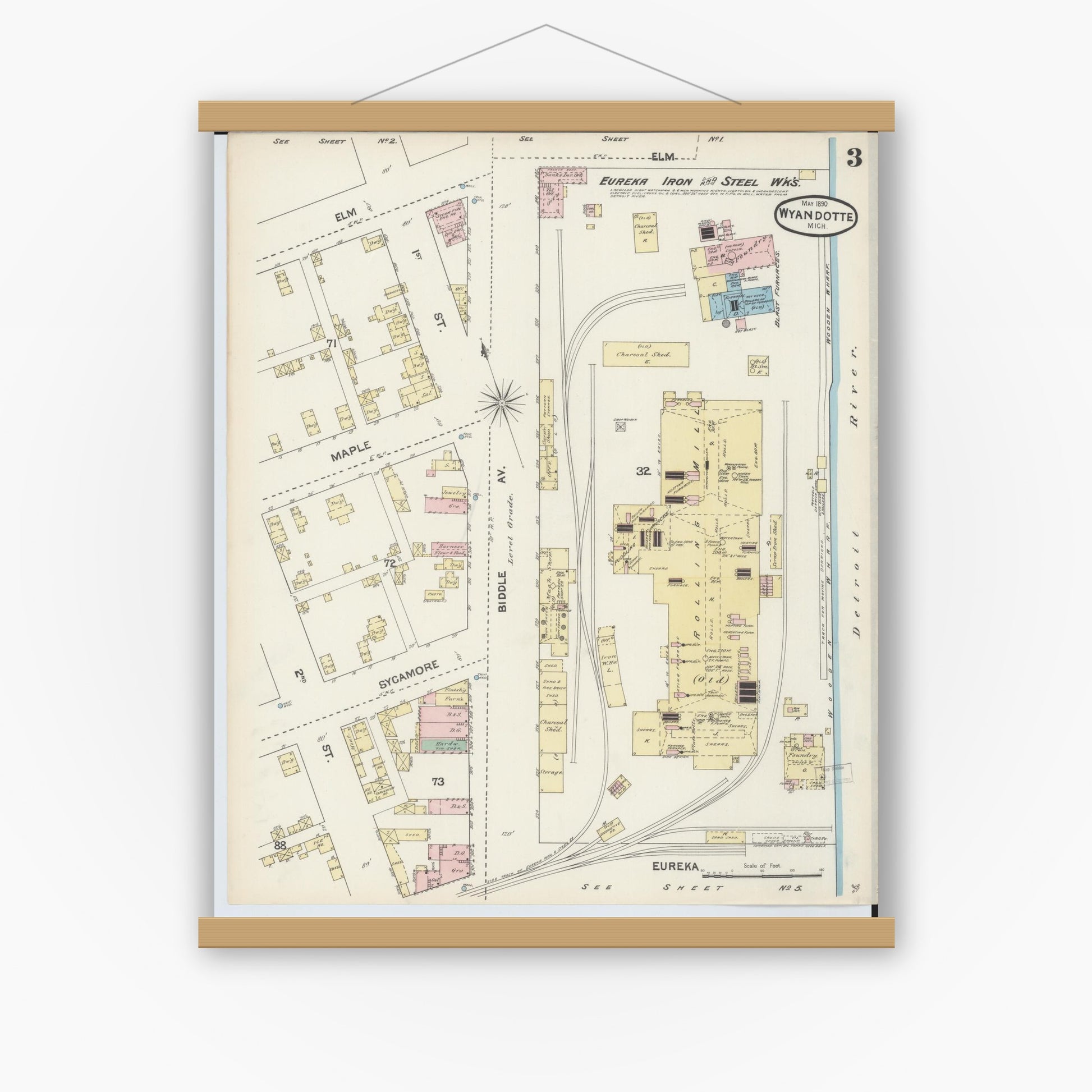 Old map wall art mockup — magnetic wood frame on white wall — Sanborn Fire Insurance Map from Wyandotte, Wayne County, Michigan (1890), Sheet #0003