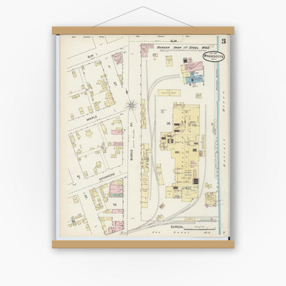 Old map wall art mockup — magnetic wood frame on white wall — Sanborn Fire Insurance Map from Wyandotte, Wayne County, Michigan (1890), Sheet #0003