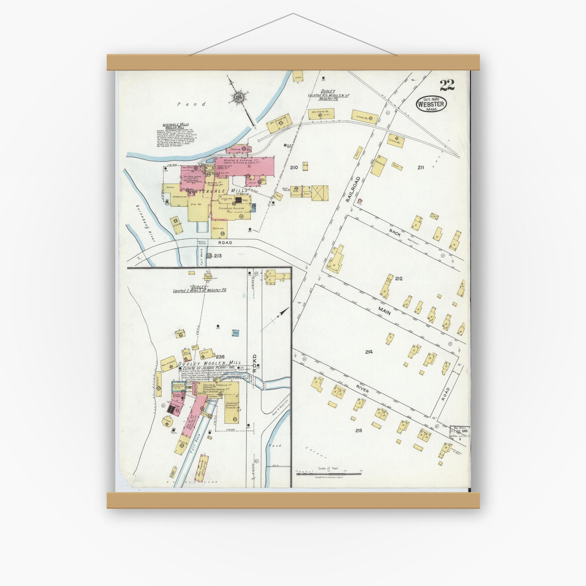 Old map wall art mockup — magnetic wood frame on white wall — Sanborn Fire Insurance Map from Webster, Worcester County, Massachusetts (1920), Sheet #0022