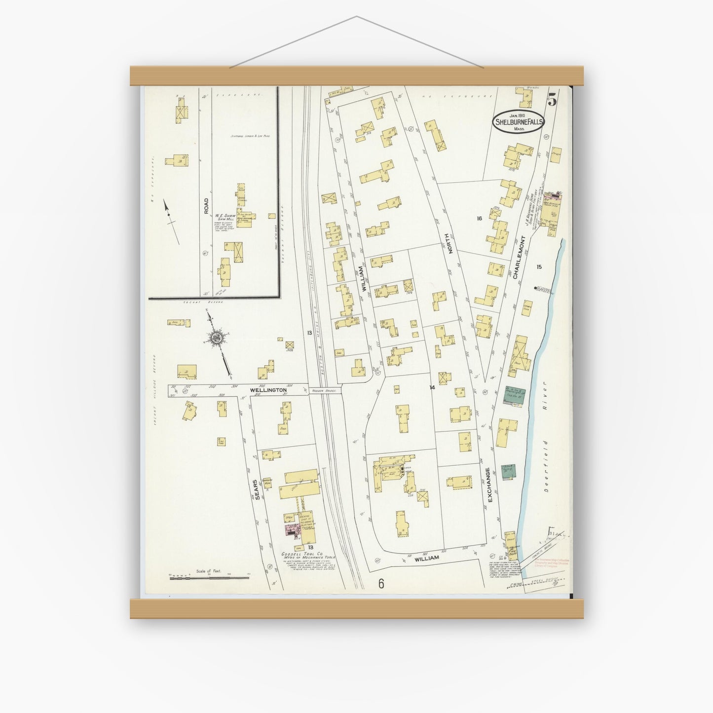 Old map wall art mockup — magnetic wood frame on white wall — Sanborn Fire Insurance Map from Shelburne Falls, Franklin County, Massachusetts (1910), Sheet #0005