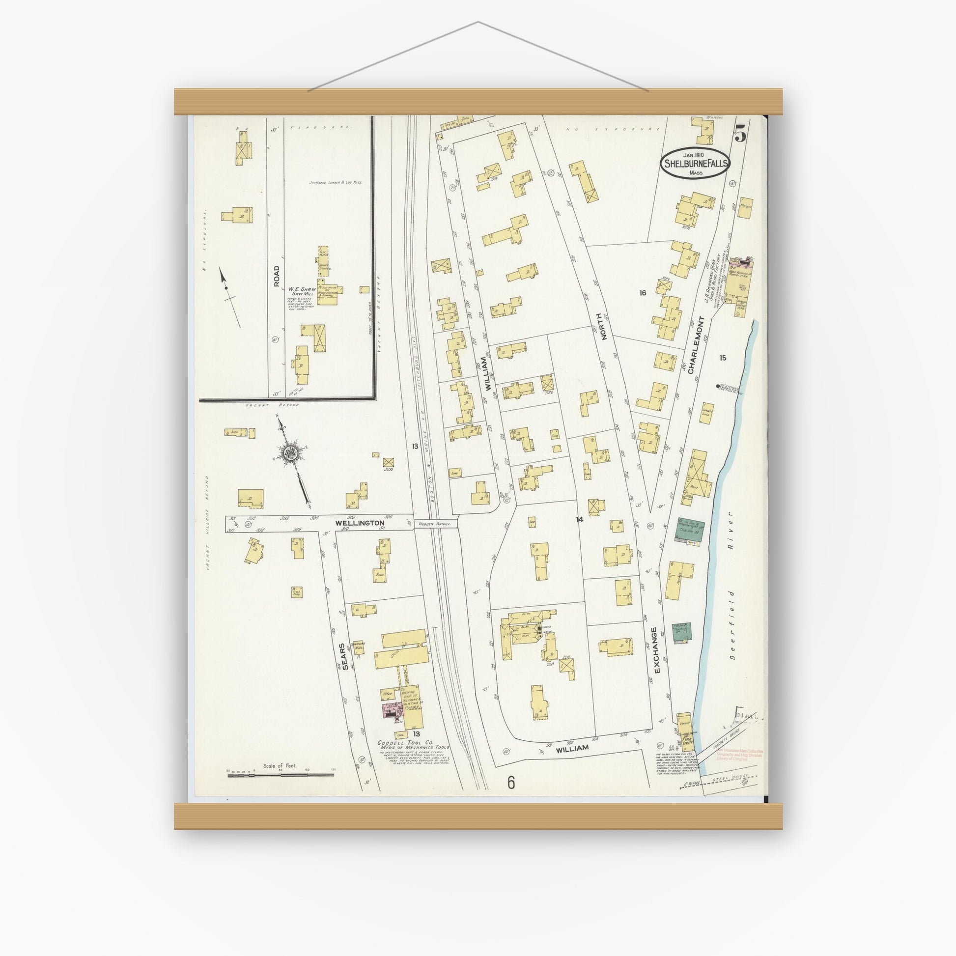 Old map wall art mockup — magnetic wood frame on white wall — Sanborn Fire Insurance Map from Shelburne Falls, Franklin County, Massachusetts (1910), Sheet #0005