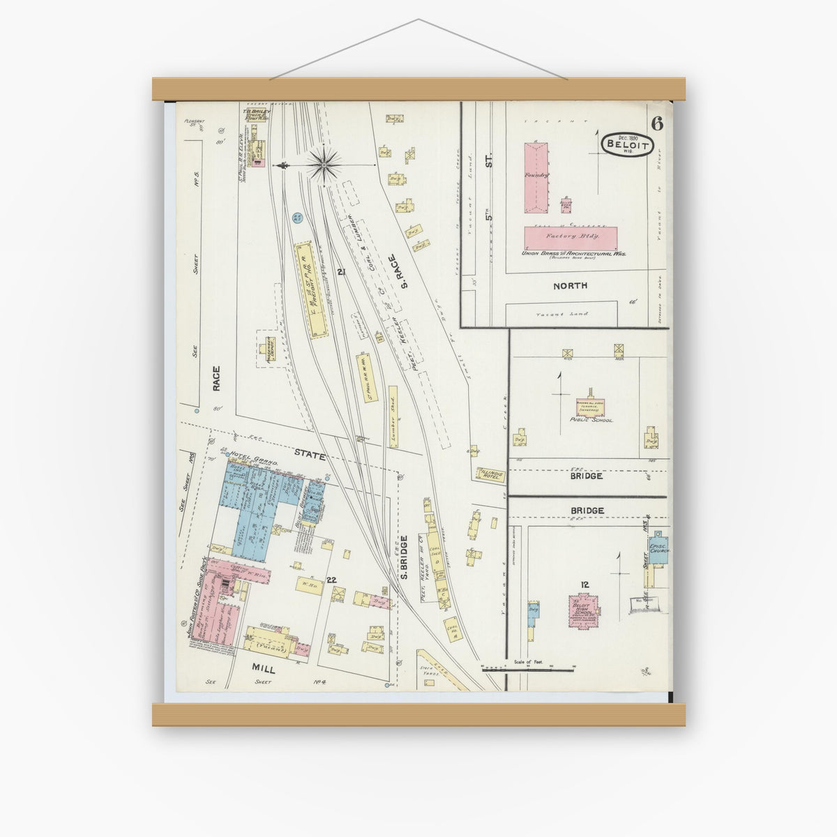 Old map wall art mockup — magnetic wood frame on white wall — Sanborn Fire Insurance Map from Beloit, Rock County, Wisconsin (1890), Sheet #0006