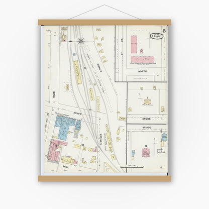 Old map wall art mockup — magnetic wood frame on white wall — Sanborn Fire Insurance Map from Beloit, Rock County, Wisconsin (1890), Sheet #0006
