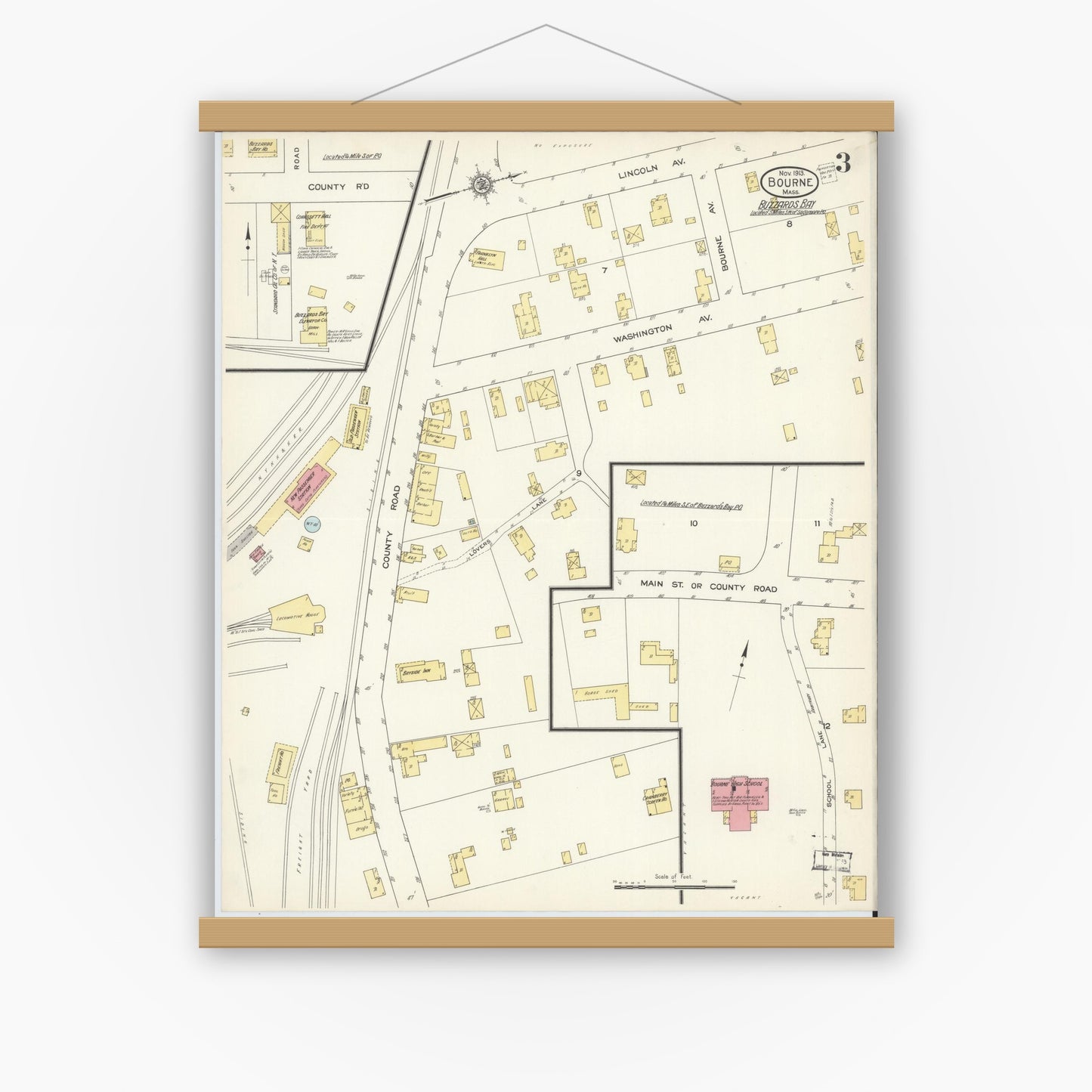 Old map wall art mockup — magnetic wood frame on white wall — Sanborn Fire Insurance Map from Bourne, Barnstable County, Massachusetts (1913), Sheet #0003