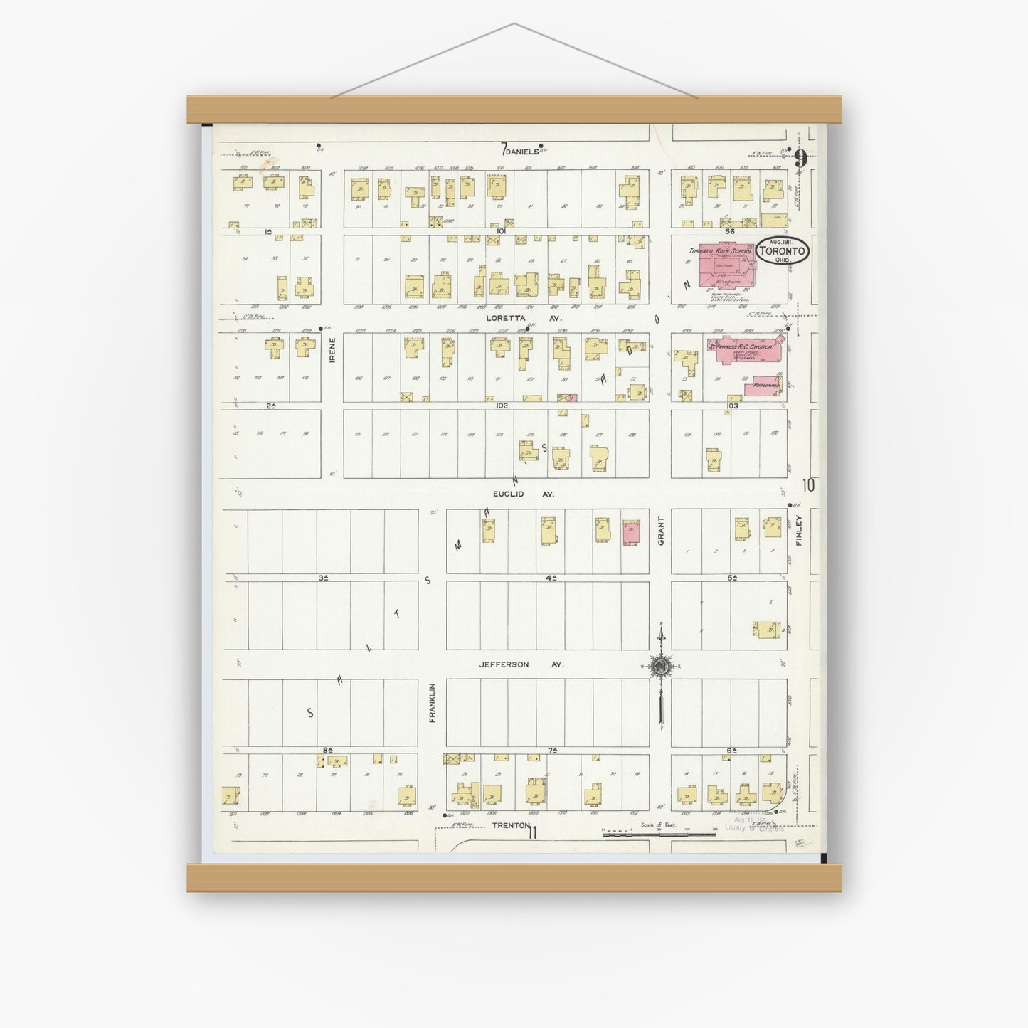 Old map wall art mockup — magnetic wood frame on white wall — Sanborn Fire Insurance Map from Toronto, Jefferson County, Ohio (1911), Sheet #0009