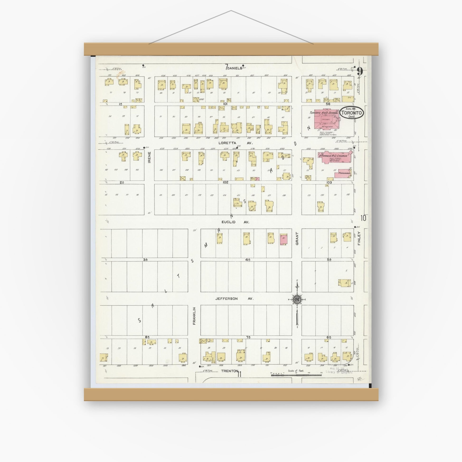 Old map wall art mockup — magnetic wood frame on white wall — Sanborn Fire Insurance Map from Toronto, Jefferson County, Ohio (1911), Sheet #0009