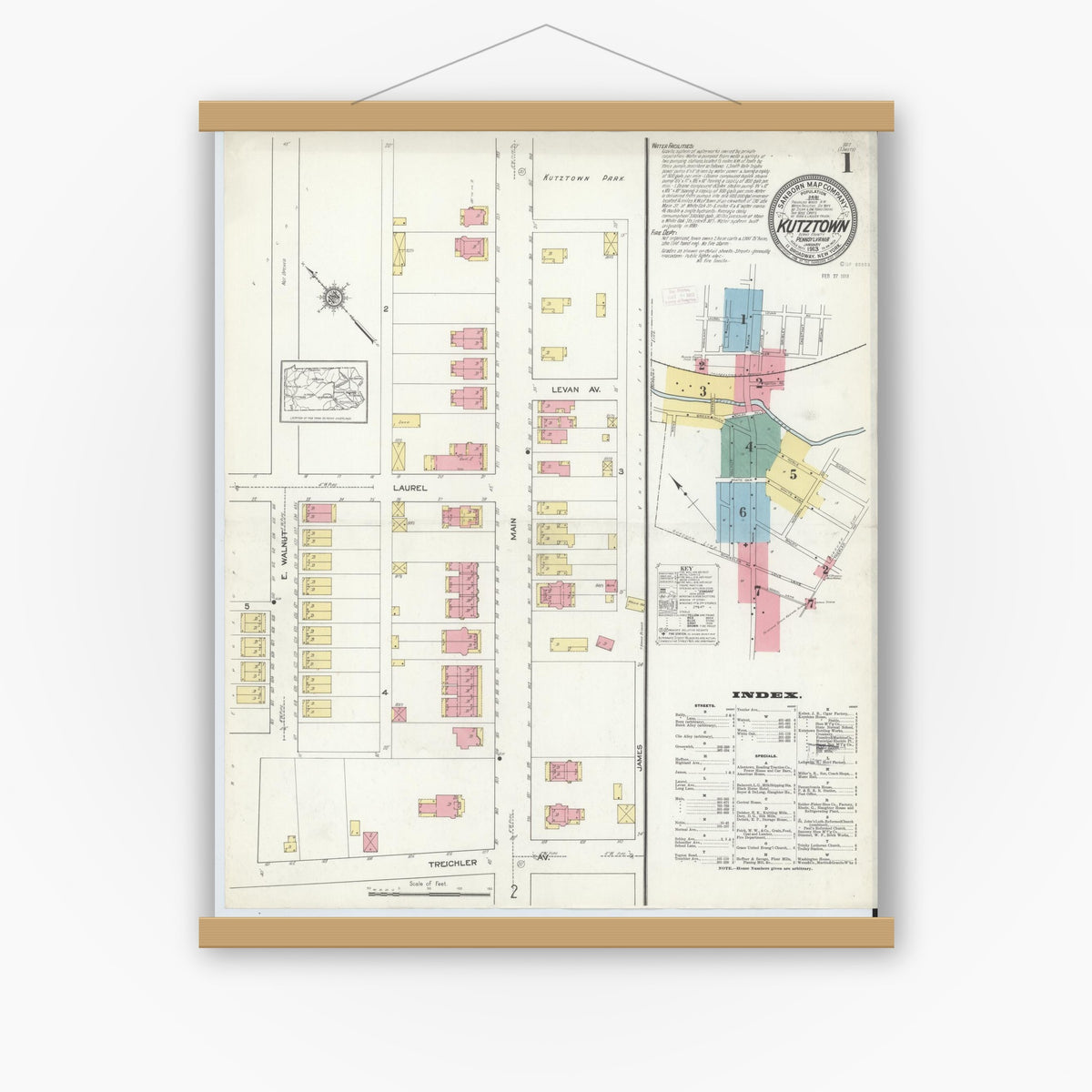Old map wall art mockup — magnetic wood frame on white wall — Sanborn Fire Insurance Map from Kutztown, Berks County, Pennsylvania (1913), Sheet #0001