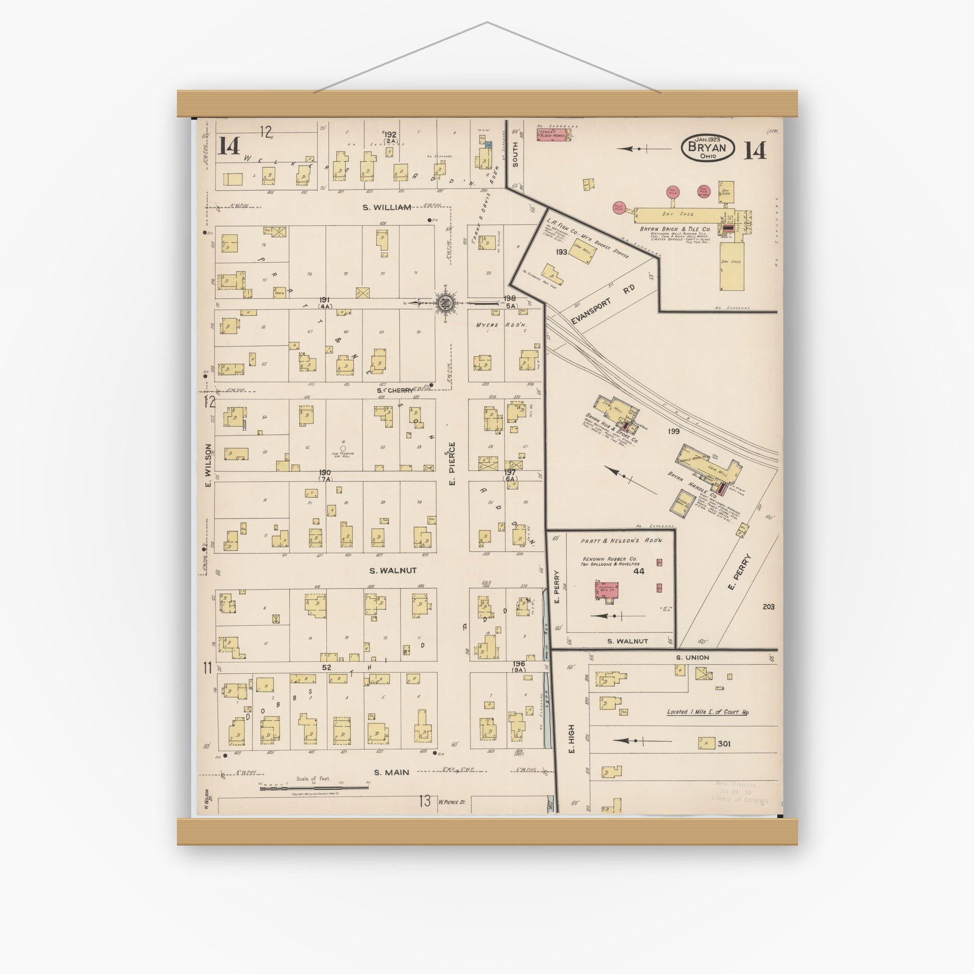 Old map wall art mockup — magnetic wood frame on white wall — Sanborn Fire Insurance Map from Bryan, Williams County, Ohio (1923), Sheet #0014