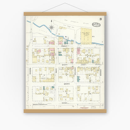 Old map wall art mockup — magnetic wood frame on white wall — Sanborn Fire Insurance Map from Antioch, Contra Costa County, California (1891), Sheet #0003