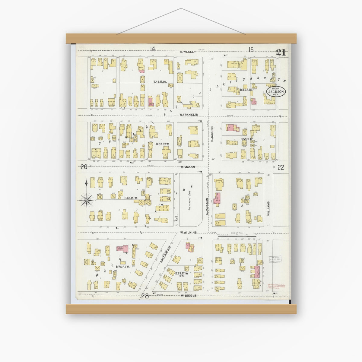 Old map wall art mockup — magnetic wood frame on white wall — Sanborn Fire Insurance Map from Jackson, Jackson County, Michigan (1899), Sheet #0021