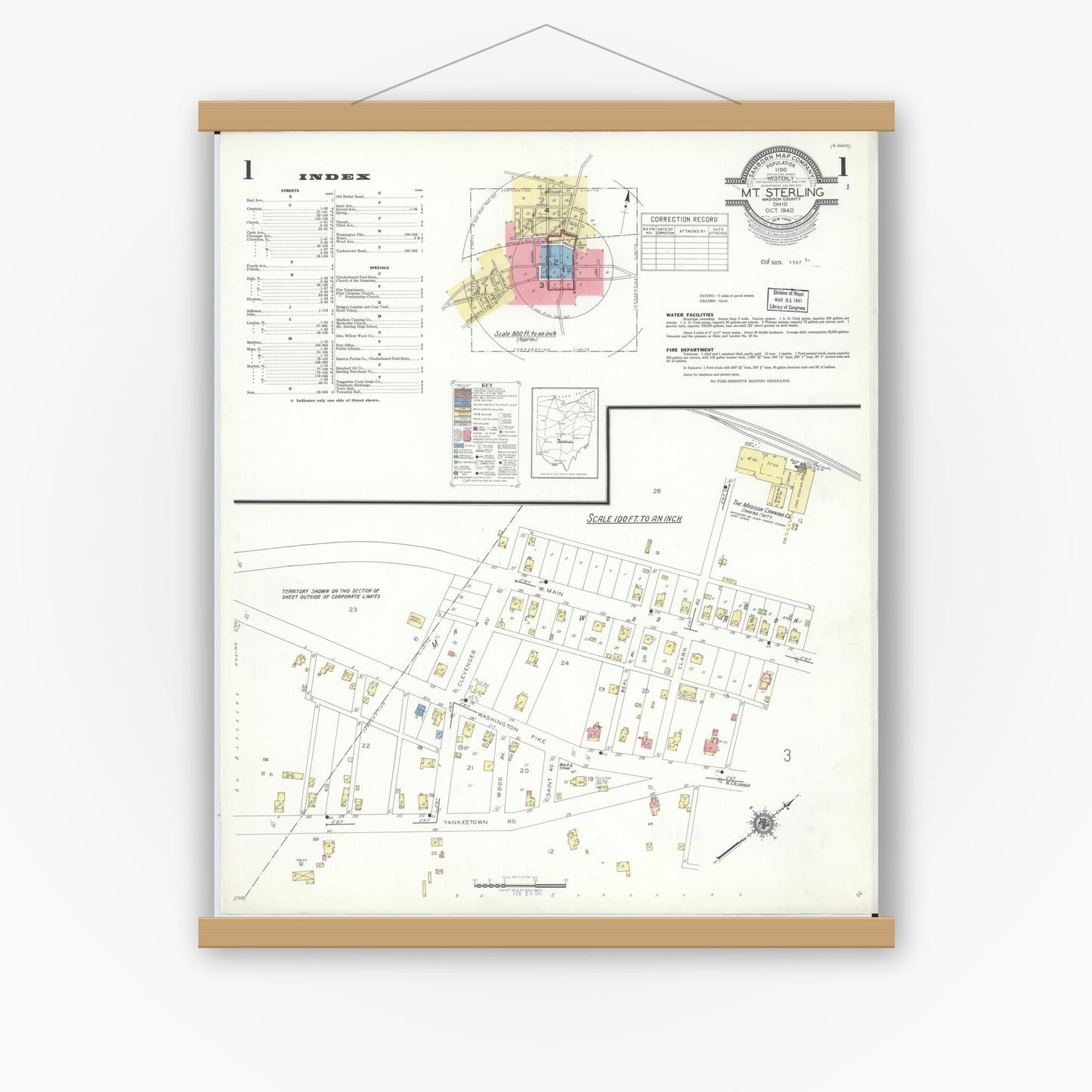 Old map wall art mockup — magnetic wood frame on white wall — Sanborn Fire Insurance Map from Mount Sterling, Madison County, Ohio (1940), Sheet #0001