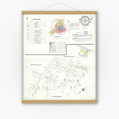 Old map wall art mockup — magnetic wood frame on white wall — Sanborn Fire Insurance Map from Mount Sterling, Madison County, Ohio (1940), Sheet #0001