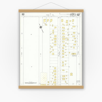 Old map wall art mockup — magnetic wood frame on white wall — Sanborn Fire Insurance Map from Montebello, Los Angeles County, California (1925), Sheet #0012