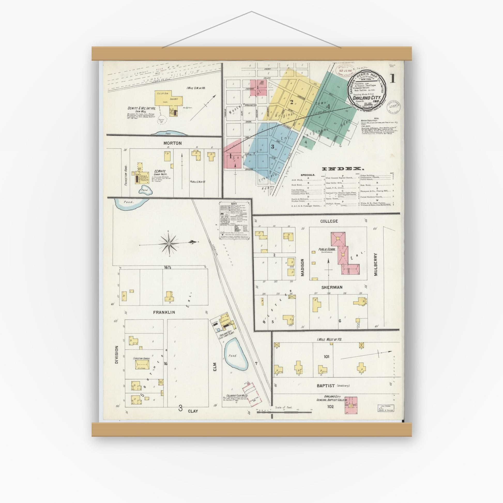 Old map wall art mockup — magnetic wood frame on white wall — Sanborn Fire Insurance Map from Oakland City, Gibson County, Indiana (1899) - Complete Map Set