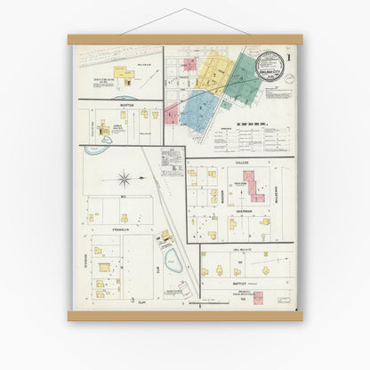 Old map wall art mockup — magnetic wood frame on white wall — Sanborn Fire Insurance Map from Oakland City, Gibson County, Indiana (1899) - Complete Map Set