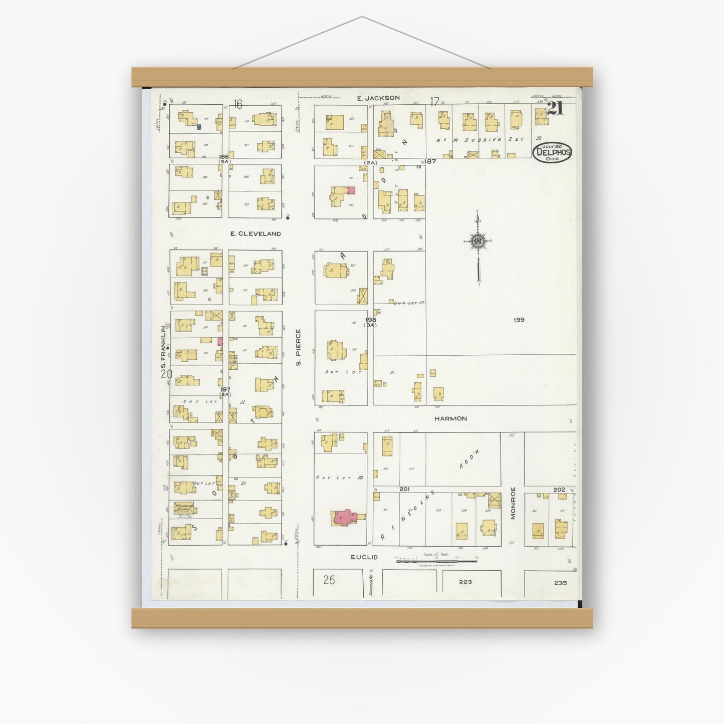 Old map wall art mockup — magnetic wood frame on white wall — Sanborn Fire Insurance Map from Delphos, Van Wert And Allen Counties, Ohio (1921), Sheet #0021