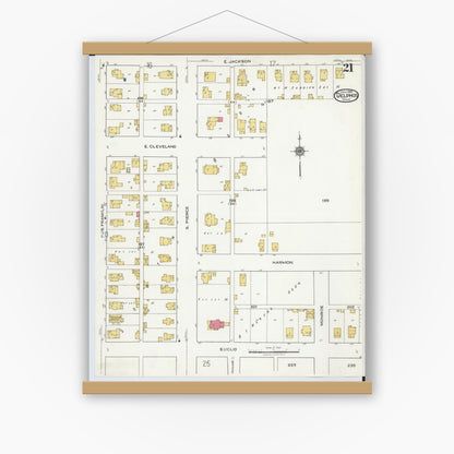 Old map wall art mockup — magnetic wood frame on white wall — Sanborn Fire Insurance Map from Delphos, Van Wert And Allen Counties, Ohio (1921), Sheet #0021