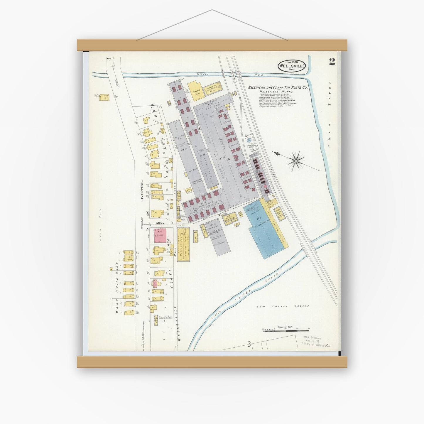 Old map wall art mockup — magnetic wood frame on white wall — Sanborn Fire Insurance Map from Wellsville, Columbiana County, Ohio (1908), Sheet #0002