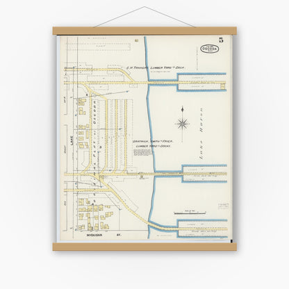 Old map wall art mockup — magnetic wood frame on white wall — Sanborn Fire Insurance Map from Oscoda, Iosco County, Michigan (1890), Sheet #0005