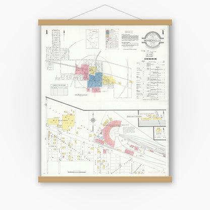 Old map wall art mockup — magnetic wood frame on white wall — Sanborn Fire Insurance Map from Bensenville, Dupage County, Illinois (1933), Sheet #0001