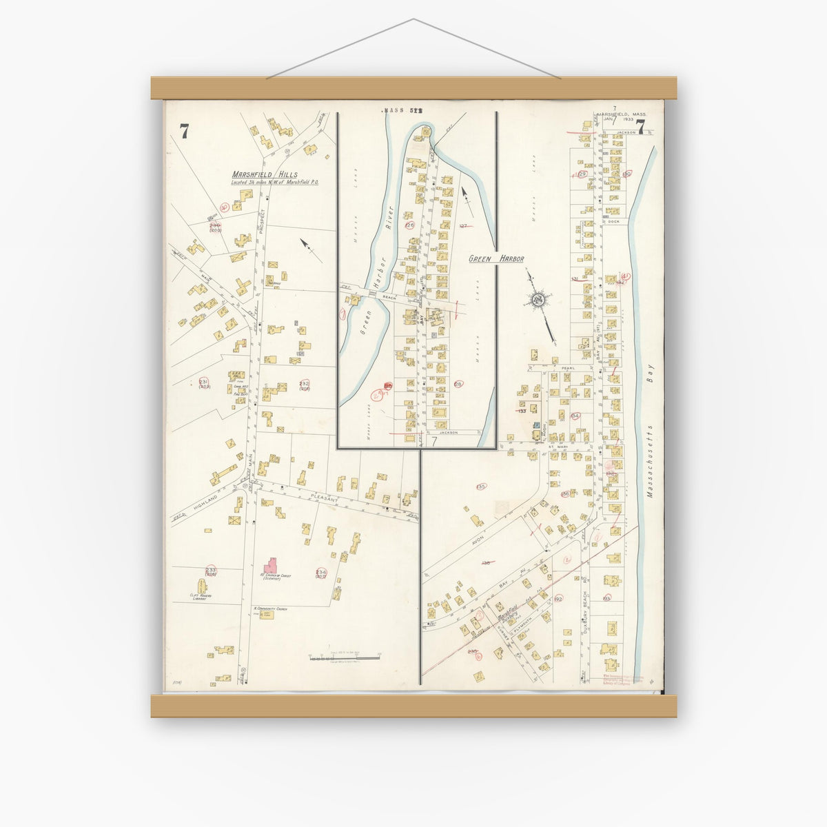 Old map wall art mockup — magnetic wood frame on white wall — Sanborn Fire Insurance Map from Marshfield, Plymouth County, Massachusetts (1942), Sheet #0007